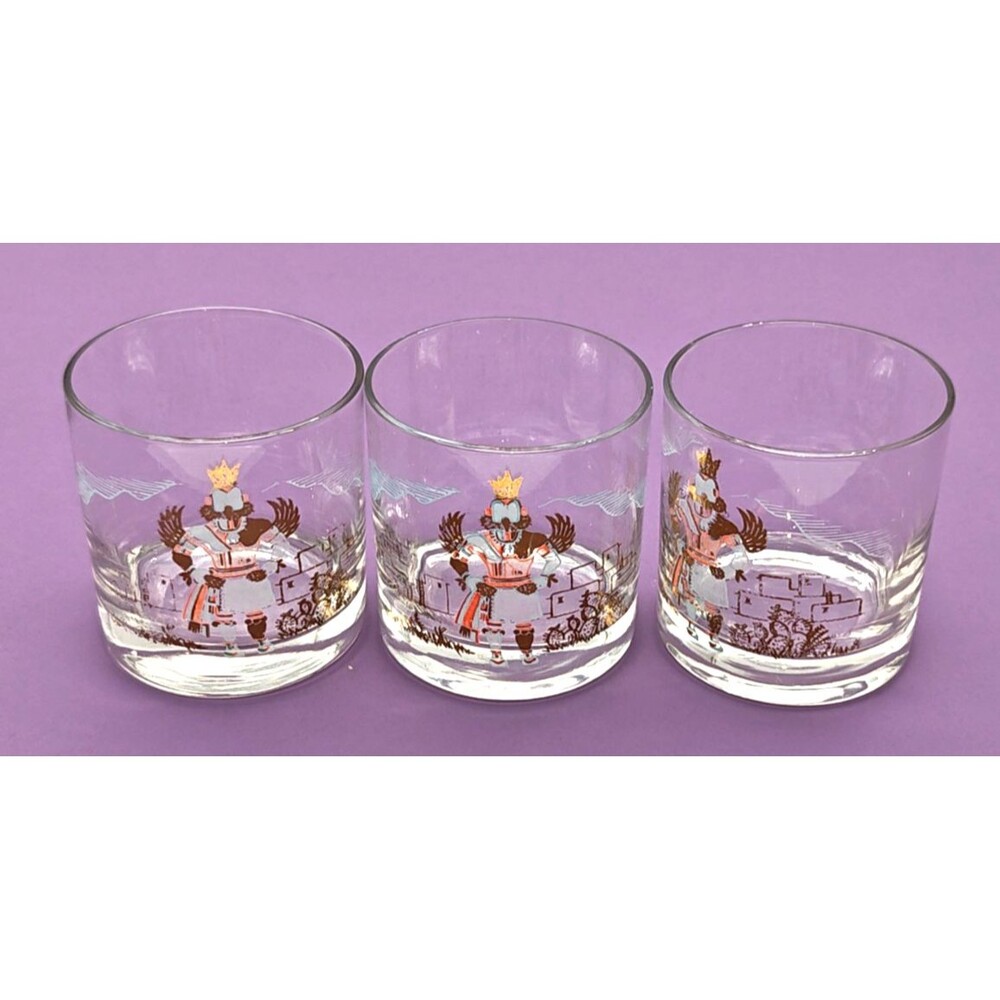 3 Vintage COUROC Aztec God Kachina MCM Rocks Lowball Old Fashioned Glasses